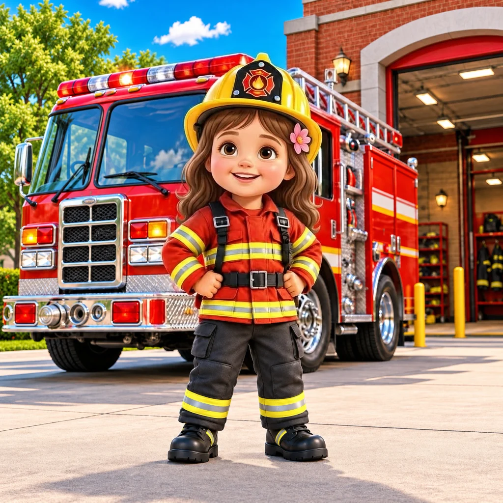 Lia as a firefighter, page one of her book