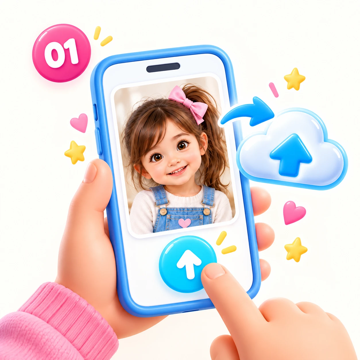 A hand holding a phone showing a photo of a smiling little girl, with an upload button and a cloud icon.