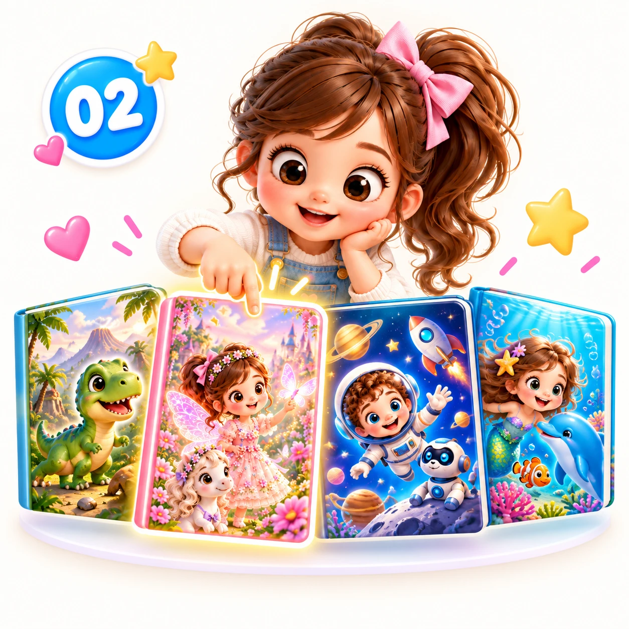 A little girl pointing at a row of storybook covers: dinosaurs, a fairy tale, space and under the sea.