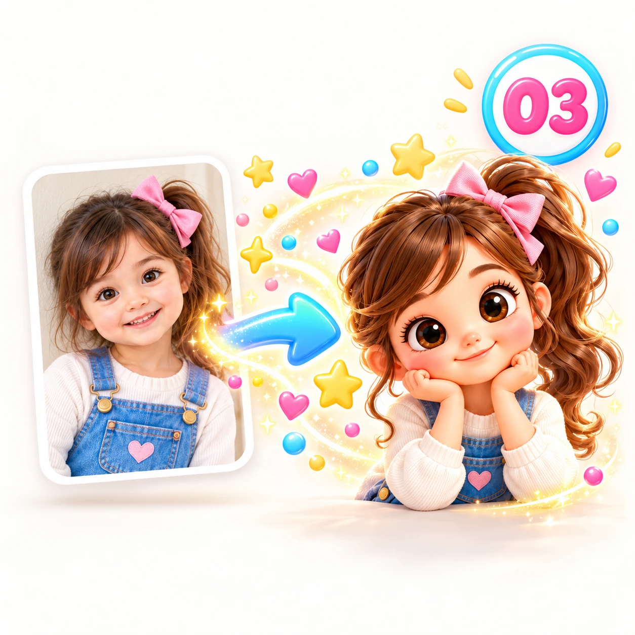 A photo of a little girl beside the same girl drawn as a 3D cartoon character, with sparkles between them.