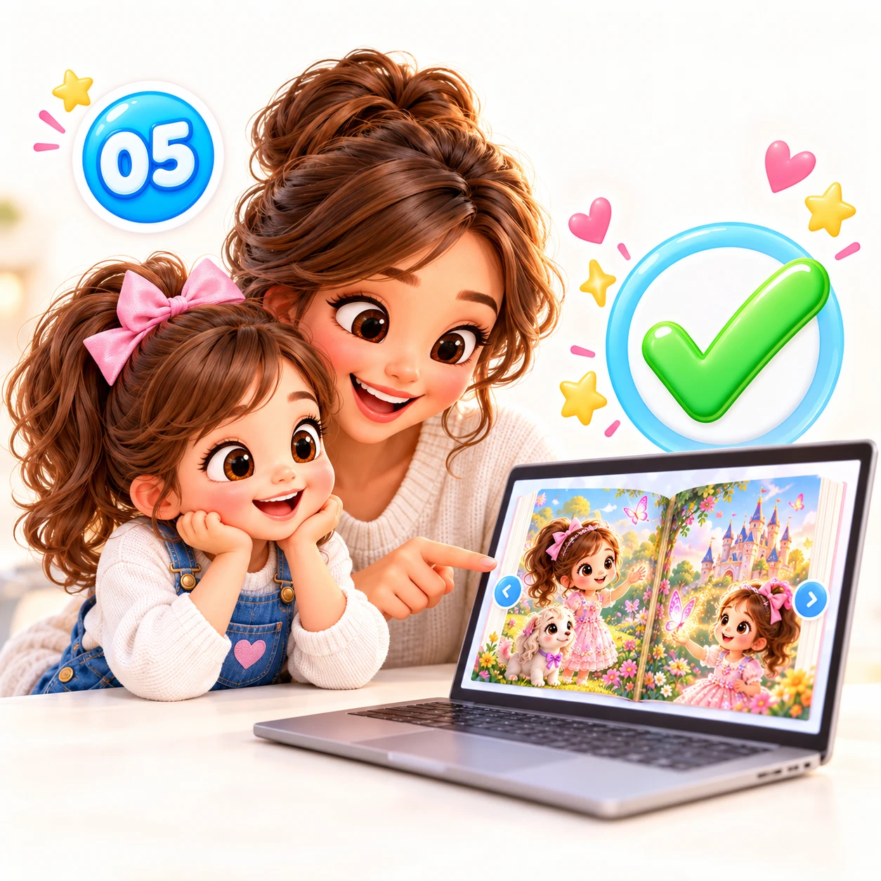 A mother and her daughter looking at the book preview on a laptop, next to a green tick.