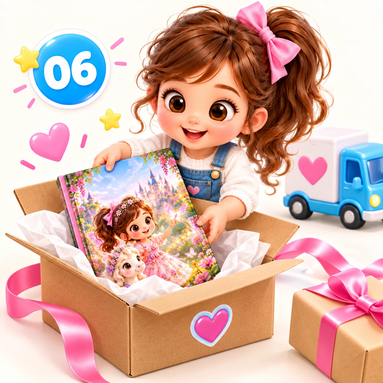 A little girl lifting her printed hardcover book out of a gift box tied with a pink ribbon.